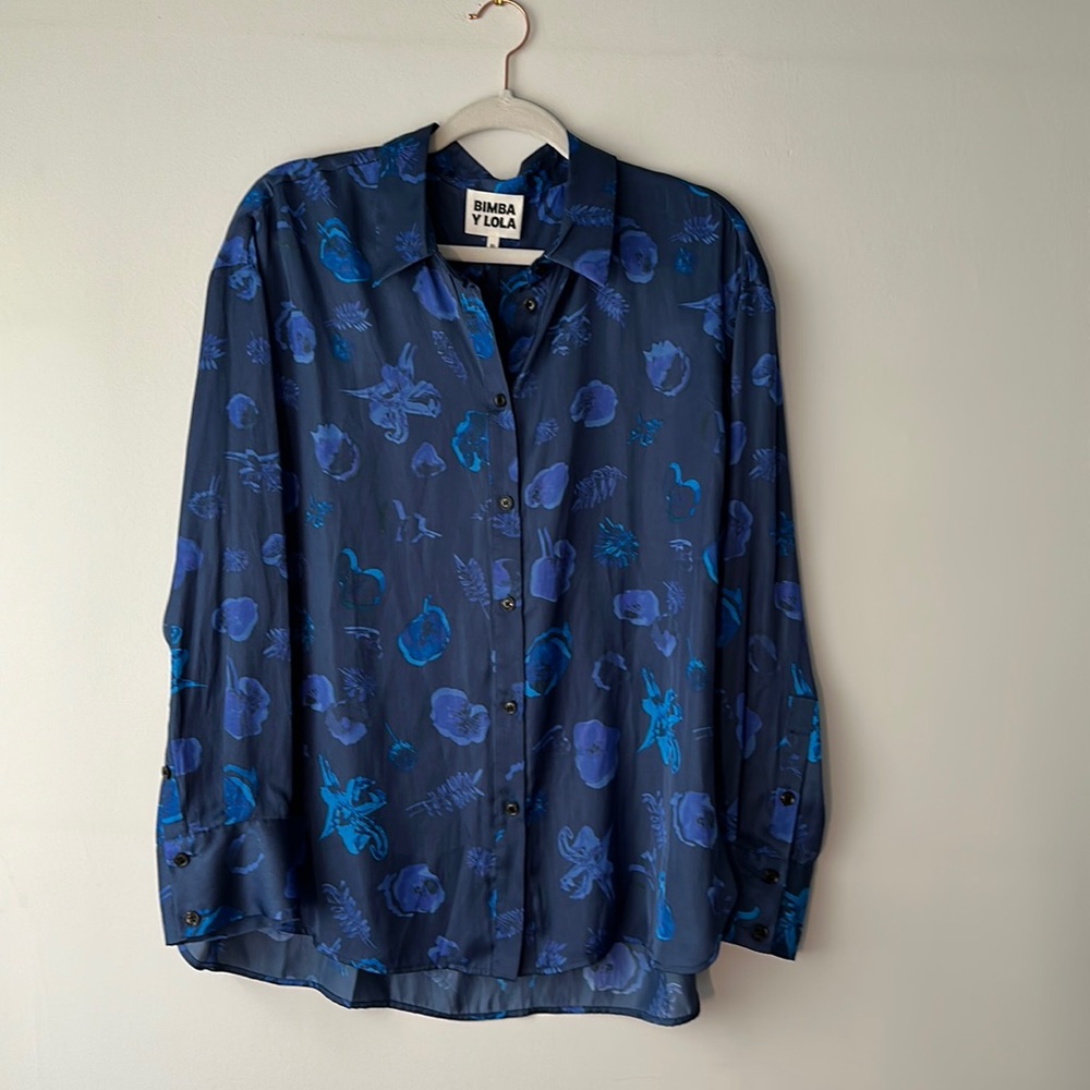 Bimba y Lola bottom down shirt in blue with ocean inspired pattern